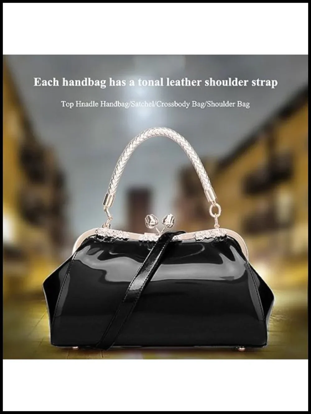 Glossy Patent Leather Evening Bag Kiss Lock Handbag Woven Metal Handle Women